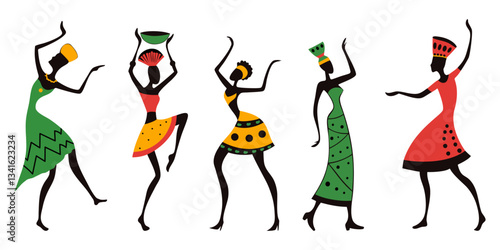 Set of five African black women in traditional dresses, dancing gracefully isolated on transparent background. Abstract design for cultural project, event poster, fashion design. Vector art.