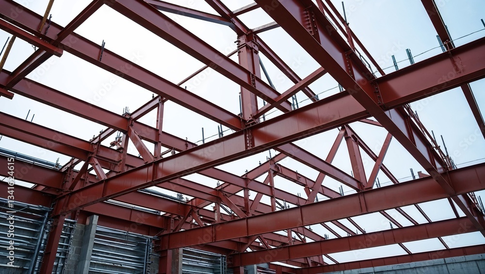 Steel framework of a building showcasing modern construction methods. Steel framework of a building showcasing modern construction methods.