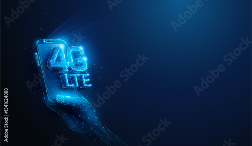 Low Poly 4G LTE Mobile Network Smartphone in Hand. Abstract geometric illustration depicting fourth generation wireless communication hardware technology concept by wireframe mesh on blue background