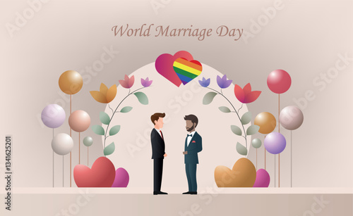 Two grooms celebrating world marriage day under floral arch