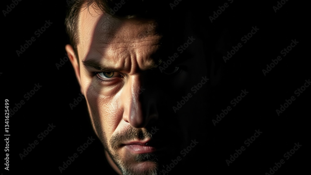 Man with furrowed brow in dramatic lighting Man with furrowed brow in dramatic lighting