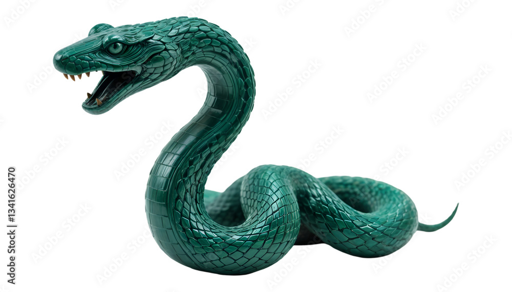 Fototapeta premium Emerald Green Carved Wooden Snake Sculpture on Transparent Background