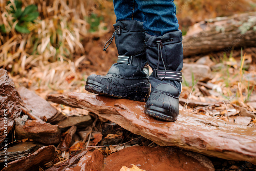 Boy playing in boots in the leaves, outside in the fall. Boy playing in boots in the leaves, outside in the fall.