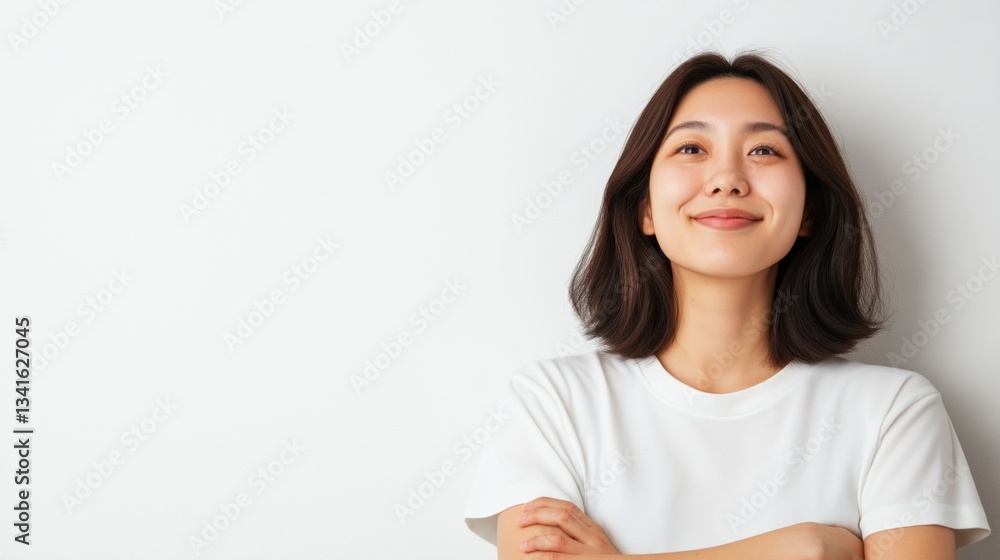 Confident young Asian woman smiling against a plain background in a bright. Confident young Asian woman smiling against a plain background in a bright.