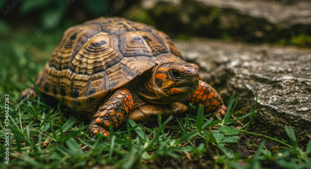 Ornate turtle on grass near rock in natural habitat Ornate turtle on grass near rock in natural habitat