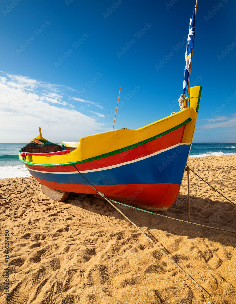 Fototapeta premium A shot of a traditional Portuguese fishing boat painted with bright colors resting on golden sand beside the turquoise sea