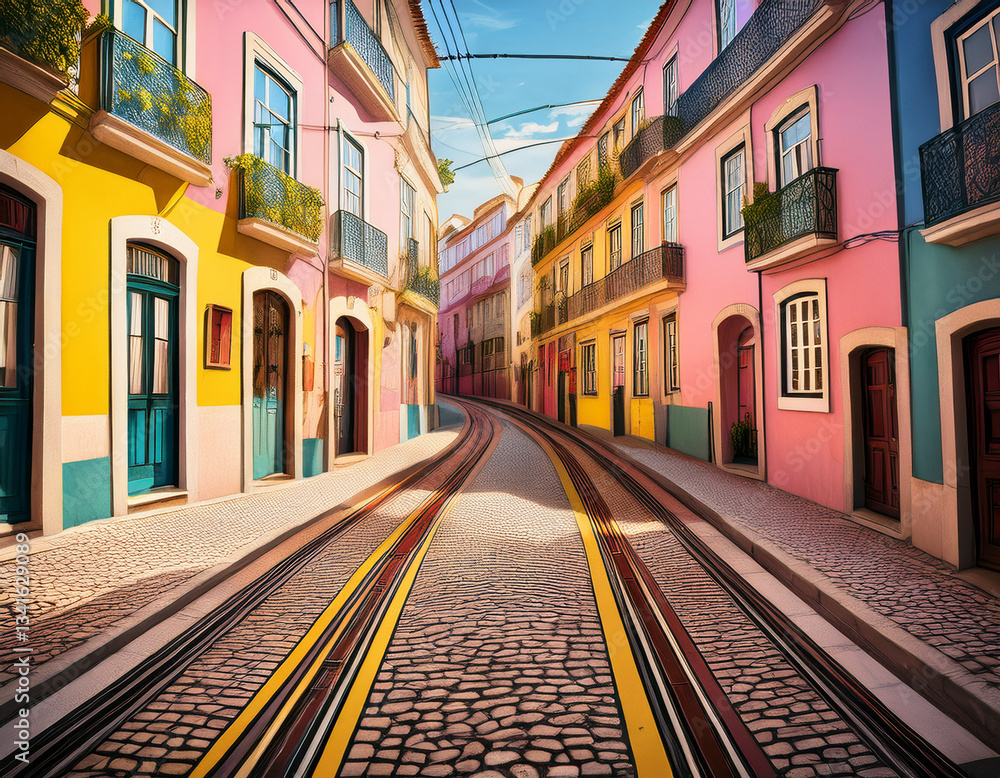 Obraz premium Portuguese iconic tram tracks winding through a narrow cobblestone street with buildings painted in pastel tones