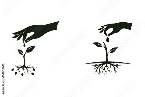 a hand dropping a seed, with a plant sprouting from it set