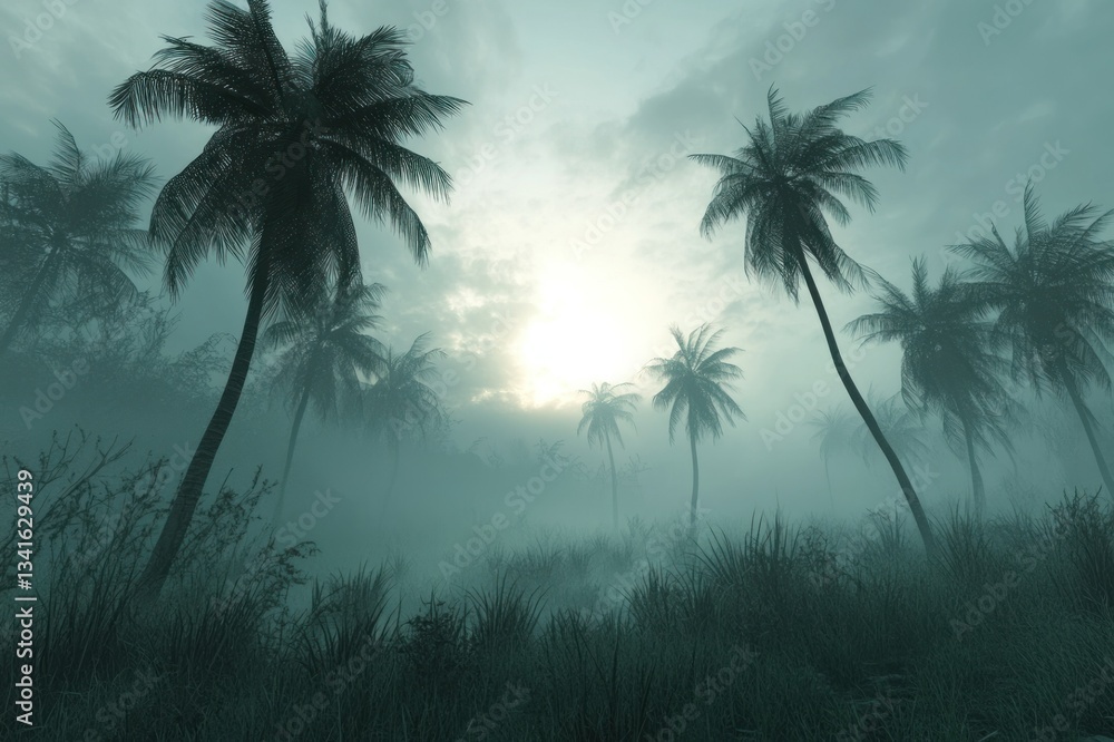 Mysterious Foggy Landscape with Silhouetted Palm Trees at Sunrise in Tropical Wilderness Mysterious Foggy Landscape with Silhouetted Palm Trees at Sunrise in Tropical Wilderness