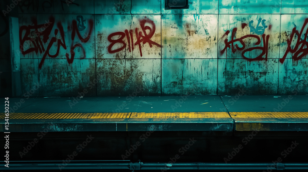 Naklejka premium Urban decay backdrop of a subway platform with graffiticovered wall, textured concrete, and a vibrant yellow safety line.
