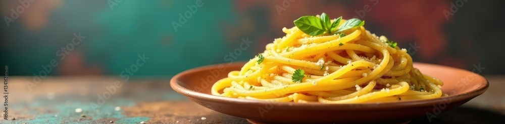 Long strands of al dente spaghetti against a colorful Italian background, alldente,, italianfood Long strands of al dente spaghetti against a colorful Italian background, alldente,, italianfood