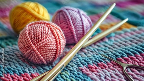 Colorful yarn balls and knitting tools arranged on a cozy surface in a craft setting