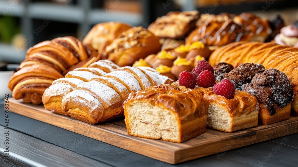 custom made wallpaper toronto digitalA Beautifully Arranged Wooden Board Overflowing with Freshly Baked Pastries Including Croissants, Muffins, Sweet Rolls and Braided Breads Dusting Sugar