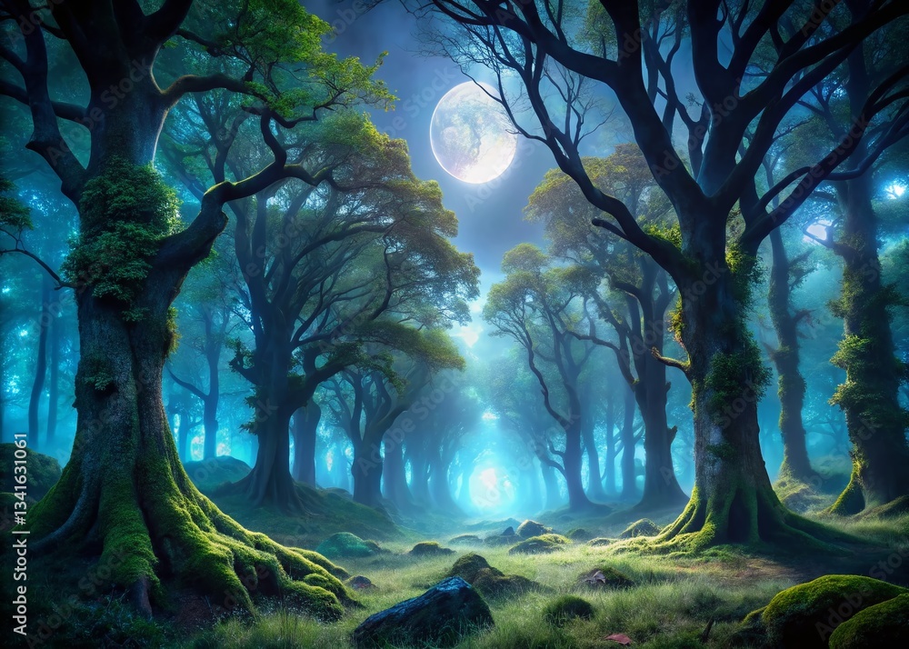 Mystical Night Forest: Pristine Nature Illuminated by Moonlight Mystical Night Forest: Pristine Nature Illuminated by Moonlight