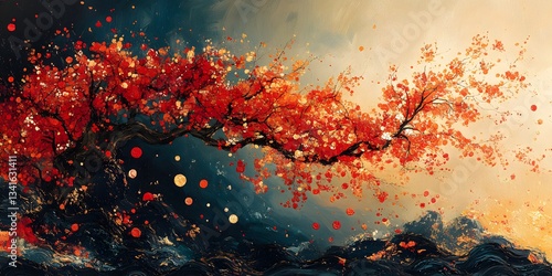 Harmony of Nature: A vibrant red tree bursts with life against a backdrop of dynamic water, creating a captivating and artistic blend of natural elements.
