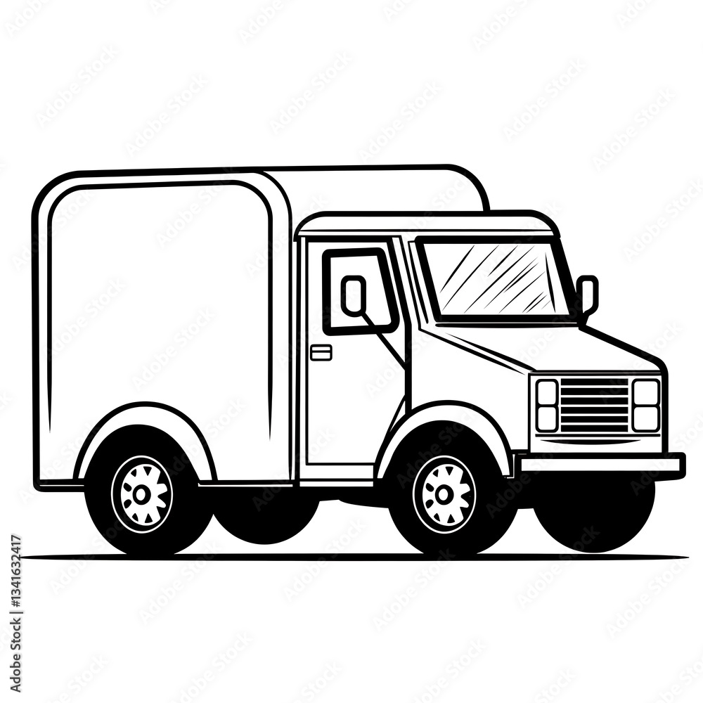Fototapeta premium Black and White Simple Illustration of Delivery Truck on White Background