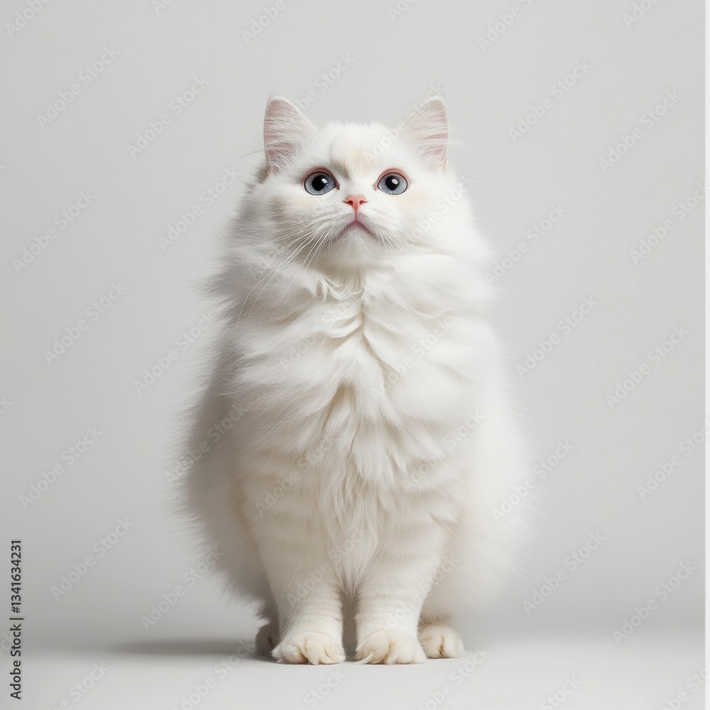 Majestic white cat with striking blue and amber eyes, standing gracefully against a plain backdrop Majestic white cat with striking blue and amber eyes, standing gracefully against a plain backdrop