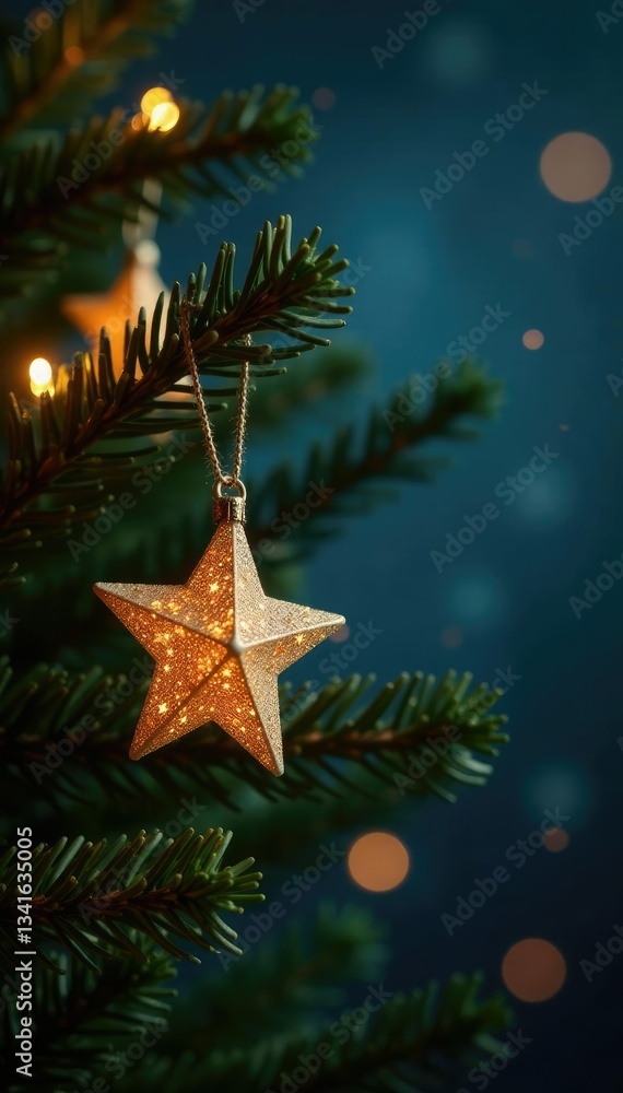 Star shaped ornaments on fir branches in warm glow, glittery, starry night Star shaped ornaments on fir branches in warm glow, glittery, starry night