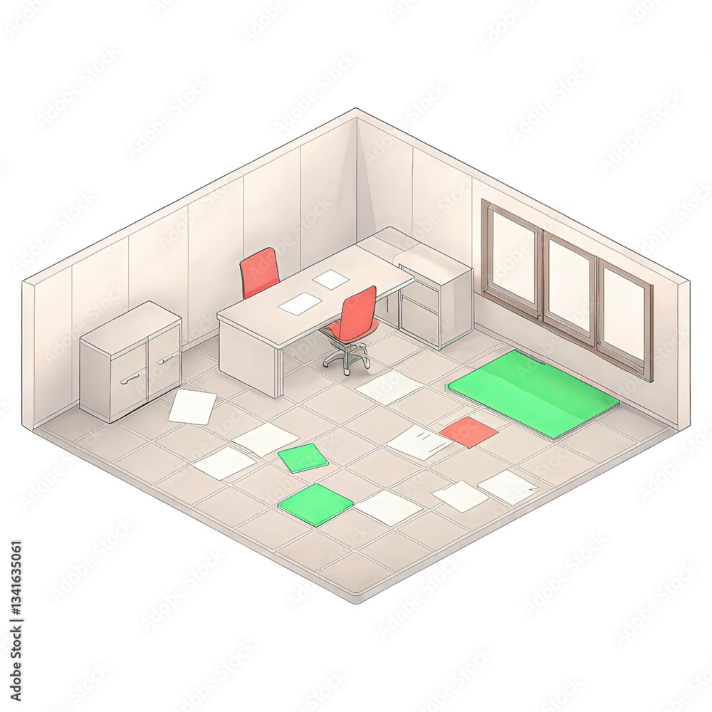 Fototapeta premium A minimalistic office space featuring a desk, chair, filing cabinet, and colorful rugs on the floor.