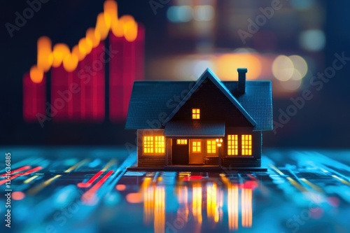 Model house on financial chart background representing real estate market trends and investment