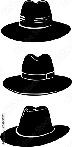 Black and White Hat Icon Set – Various Hat Styles Vector Illustration, Vector illustration of various hat and cap silhouettes, including fedoras, cowboy hats, baseball caps, and sun hats in black and 