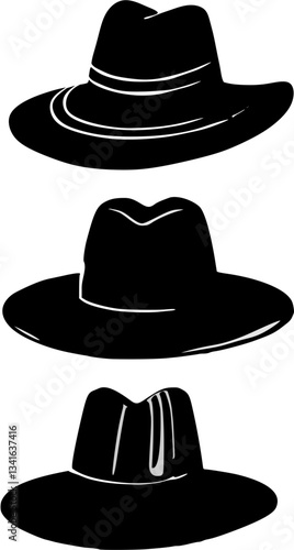 cowboy hat vector illustration, Vector illustration of various hat and cap silhouettes, including fedoras, cowboy hats, baseball caps, and sun hats in black and white.