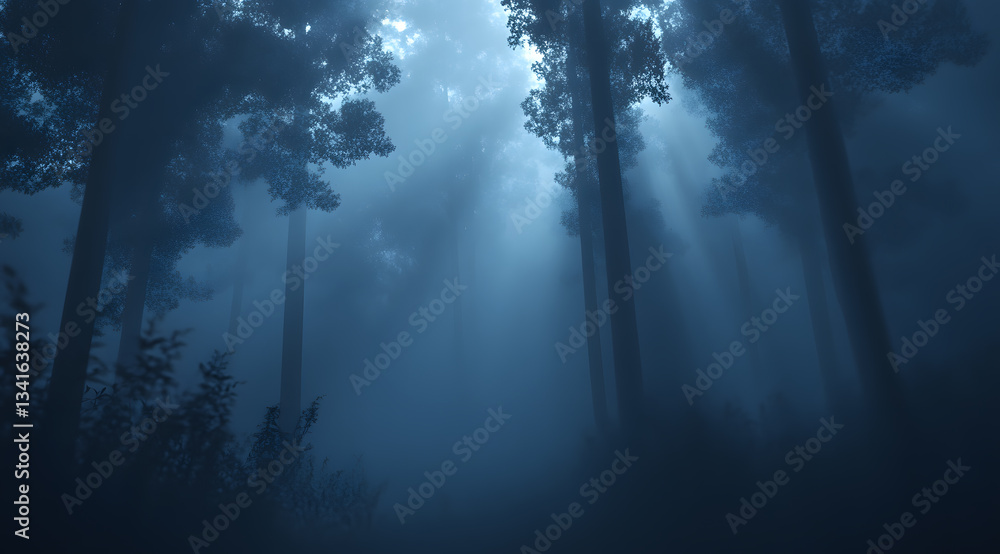 Obraz premium Soft light filters through the fog, creating an ethereal atmosphere in the still forest