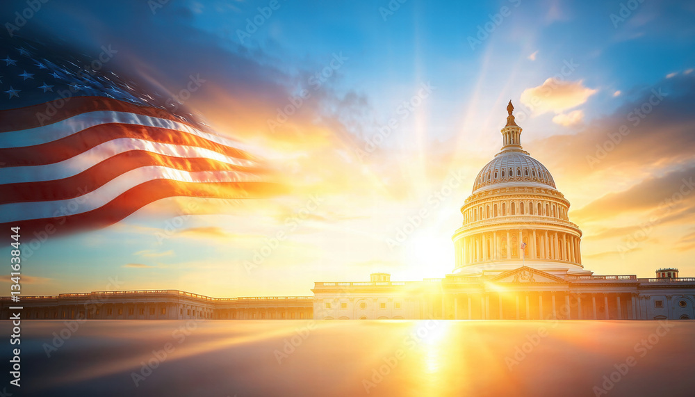 Obraz premium sun rises behind iconic structure of Capitol building, symbolizing hope and unity united
