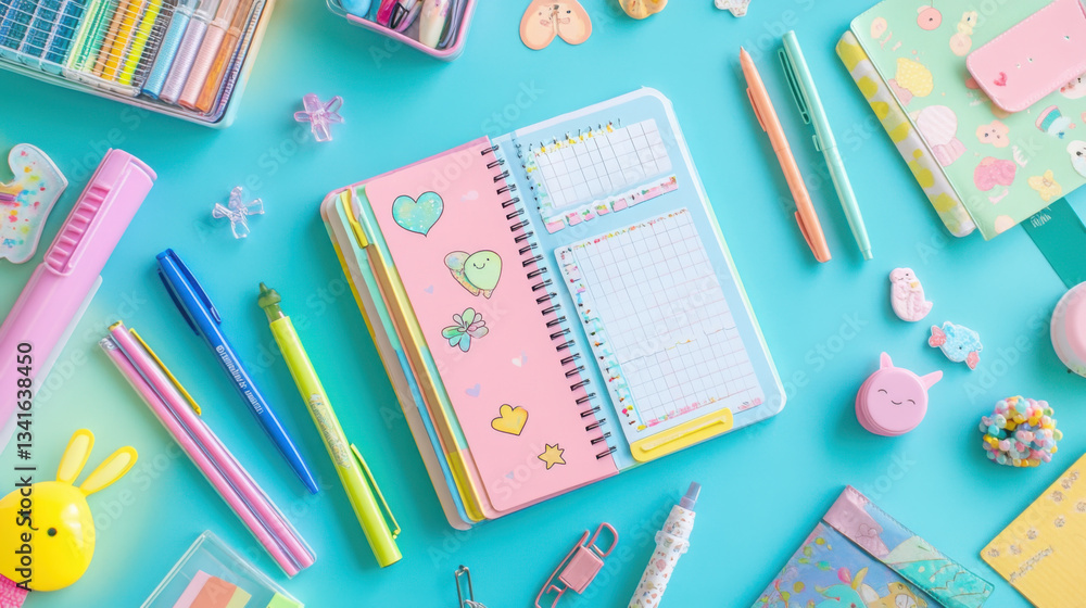 A flat lay of a planner with cute, colorful covers, surrounded by matching pens, clips, and decorative stickers. A flat lay of a planner with cute, colorful covers, surrounded by matching pens, clips, and decorative stickers.