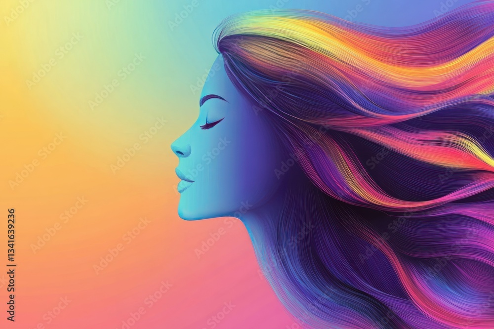Vibrant Profile of a Woman with Colorful Hair Flowing in an Abstract Dreamy Background Vibrant Profile of a Woman with Colorful Hair Flowing in an Abstract Dreamy Background