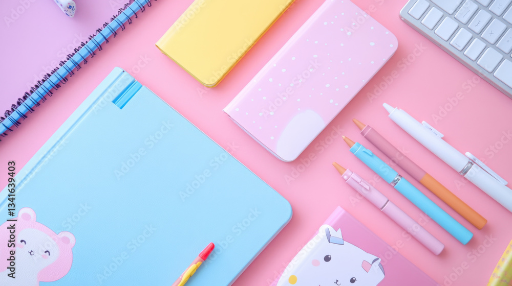 A set of cute, cartoon-themed notebooks and matching pens, arranged neatly on a pastel-colored desk. A set of cute, cartoon-themed notebooks and matching pens, arranged neatly on a pastel-colored desk.