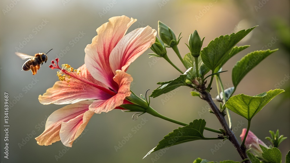 Floral Dance: A vivid close-up captures the graceful interaction between a bee and a vibrant hibiscus flower. The bee, suspended mid-flight, reaches towards the flower. Floral Dance: A vivid close-up captures the graceful interaction between a bee and a vibrant hibiscus flower. The bee, suspended mid-flight, reaches towards the flower.