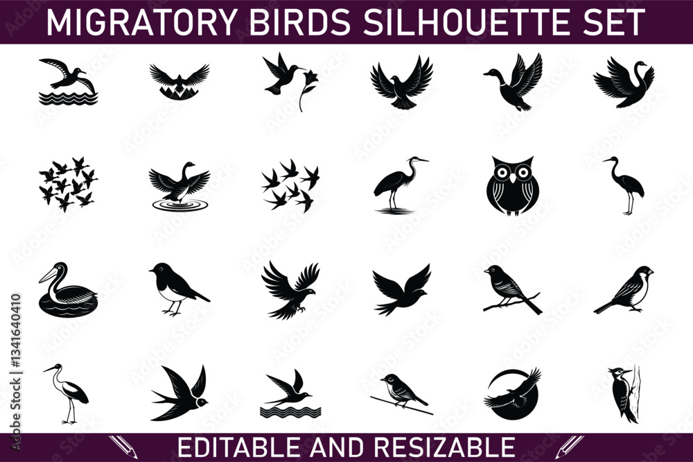 Naklejka premium Migratory Birds Silhouette Set Editable, Resizable Vector Graphics