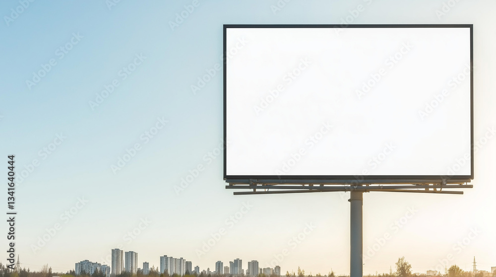Obraz premium Billboard in Sky: A large blank billboard stands tall against a clear sky, offering ample space for advertising, marketing, and messaging. The city skyline is visible in the distance.