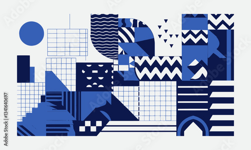 Modern vector-style illustration abstract geometric shapes monochromatic blue color, easily editable.