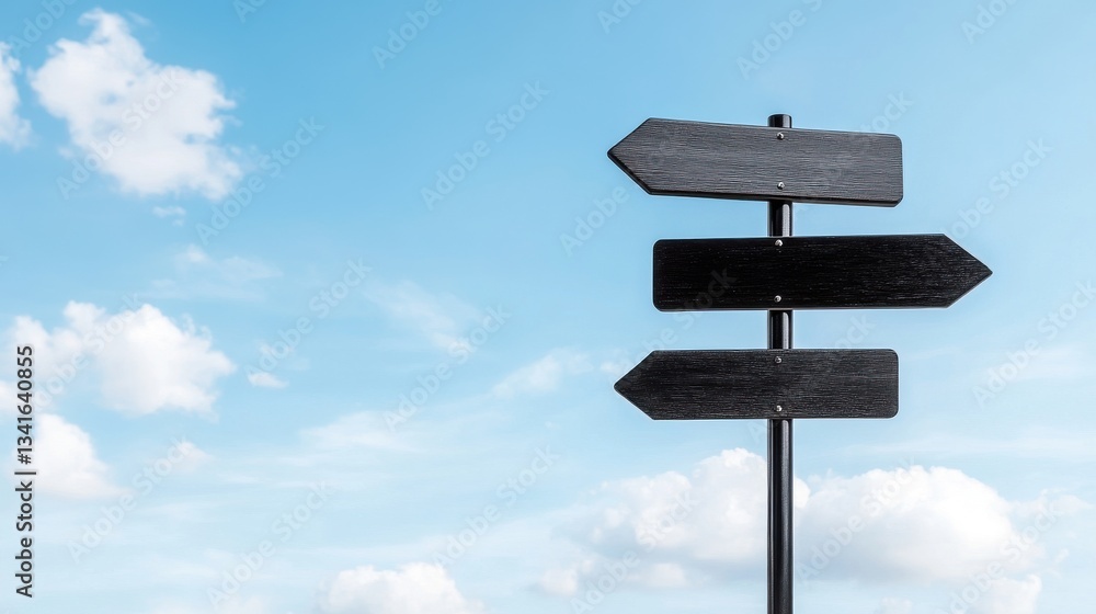 Signpost to Choices: A minimalist wooden signpost, offering three directional choices against a bright sky dotted with fluffy clouds. Signpost to Choices: A minimalist wooden signpost, offering three directional choices against a bright sky dotted with fluffy clouds.