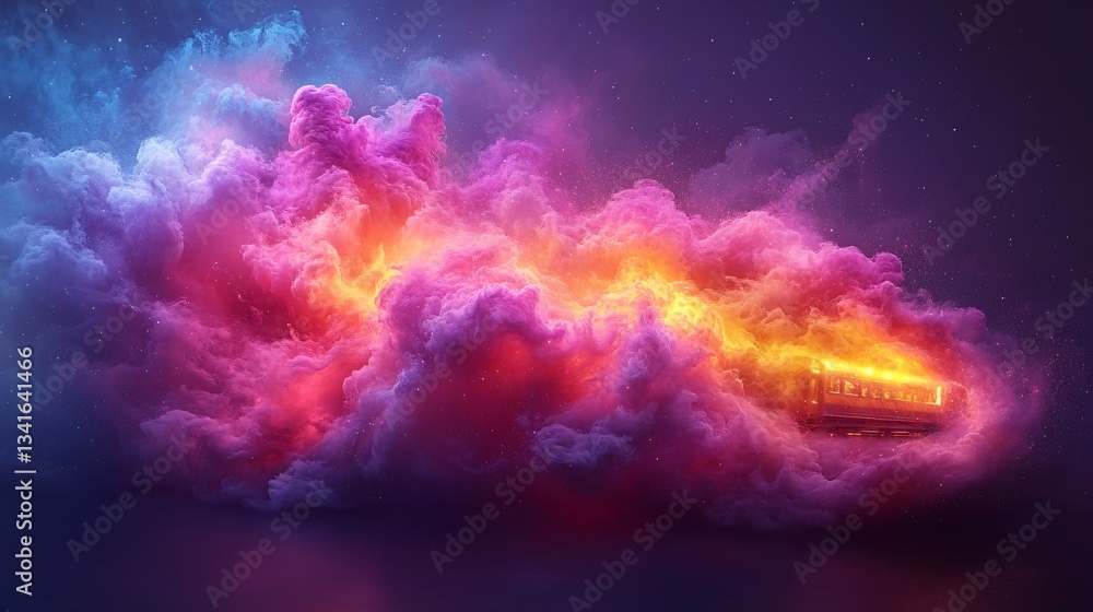 Abstract Transparent Train Sketch with Vibrant Colorful Clouds in Side Angle View Abstract Transparent Train Sketch with Vibrant Colorful Clouds in Side Angle View