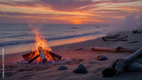 A beach bonfire at sunset with waves and misty dunes.
