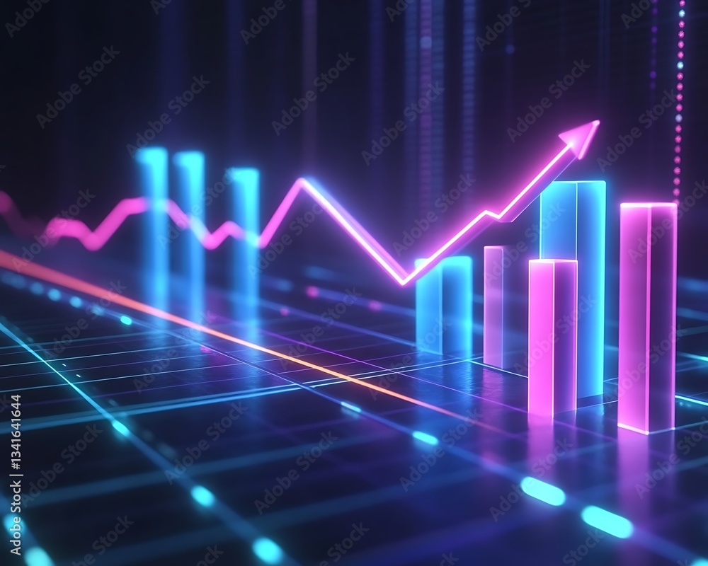 Glowing 3D Financial Graph with Neon Bars and Rising Arrow Glowing 3D Financial Graph with Neon Bars and Rising Arrow