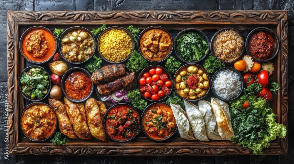 Diverse Indian Cuisine Platter on Dark Wooden Tray