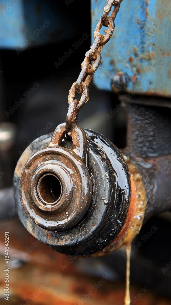 Details of a worn pulley with grease dripping, showcasing the age and use of a mechanical device in an industrial setting Details of a worn pulley with grease dripping, showcasing the age and use of a mechanical device in an industrial setting