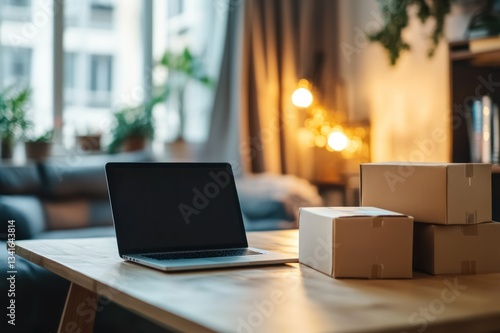 Wallpaper Mural Cozy Workspace with Laptop and Cardboard Boxes in Modern Living Room Setting Torontodigital.ca