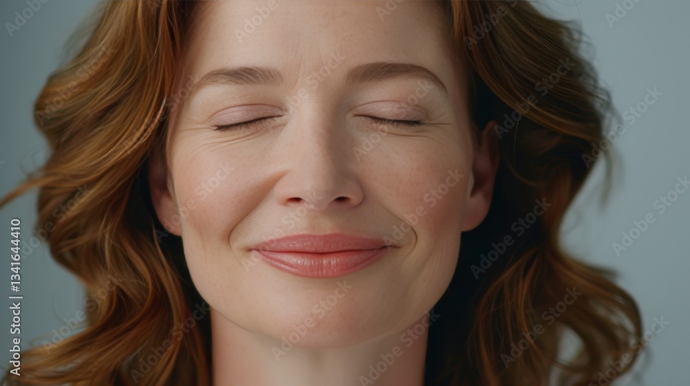 Mature woman smiling with closed eyes in studio showcasing natural skincare and beauty treatments Mature woman smiling with closed eyes in studio showcasing natural skincare and beauty treatments