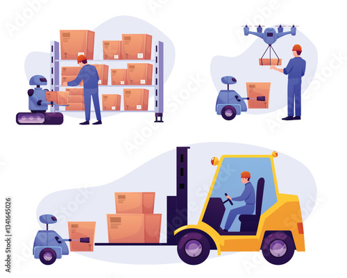 Automatic delivery technology, smart distribution, warehouse logistics transportation vector set, robot carrying cargo