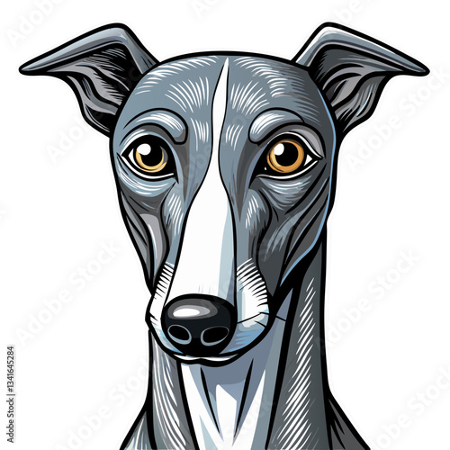 a detailed illustration of a greyhound dog with focused eyes