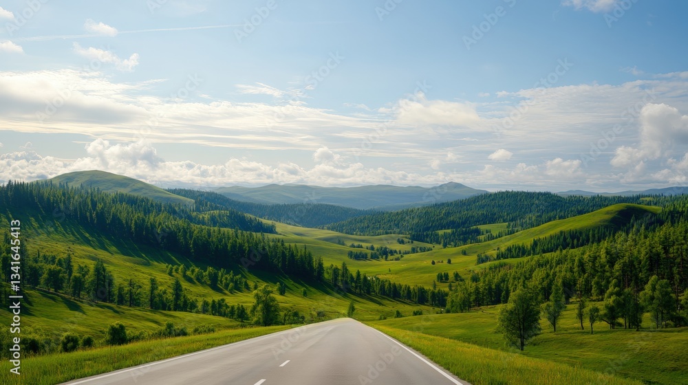 Fototapeta premium A Serene Paved Road Meanders Through a Lush Verdant Valley Surrounded by Rolling Green Hills and Dark Evergreen Trees Beneath a Partly Cloudy Sky