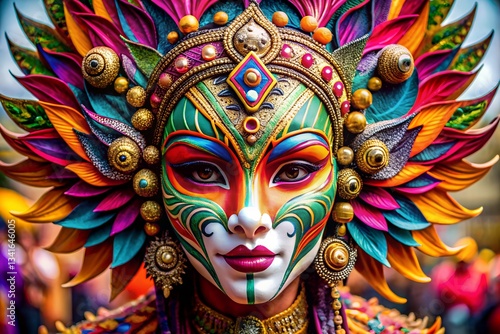 Vibrant Festival Mask with Intricate Patterns and Bold Colors, Perfect for Cultural Celebrations and Themed Events