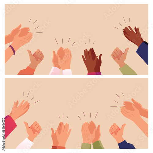 Human hands clapping ovation, vector multinational people crowd applauding, encouragement and congratulating, thumbs up