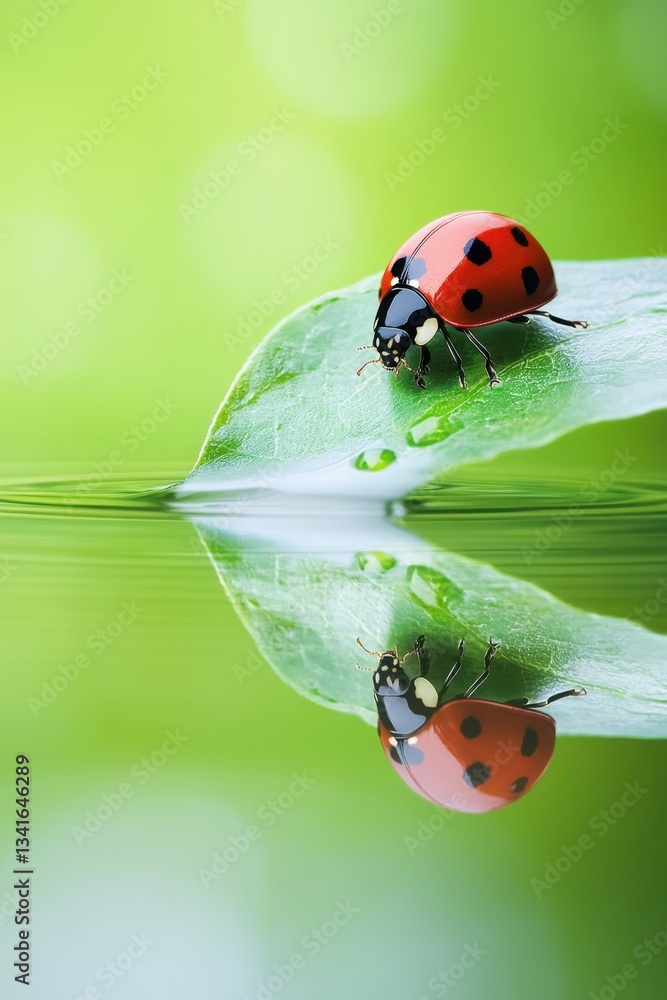 Fototapeta premium vibrant ladybug perched on a green leaf above a calm water surface reflecting nature's beauty