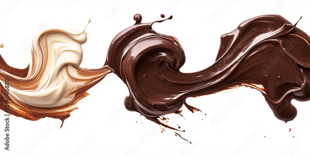 Melting Chocolate Swirls in Rich Brown Shades on White Background Melting Chocolate Swirls in Rich Brown Shades on White Background